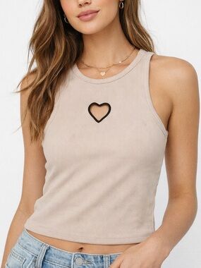 Wild Fable Ribbed Heart Cutout Tank Top Beige Sleeveless XS